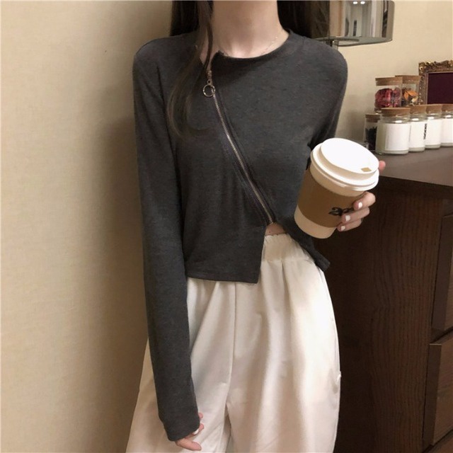 Áo Thun Croptop Kéo Khóa Tay Dài Màu Trơn Co Dãn Phong Cách Hàn Quốc