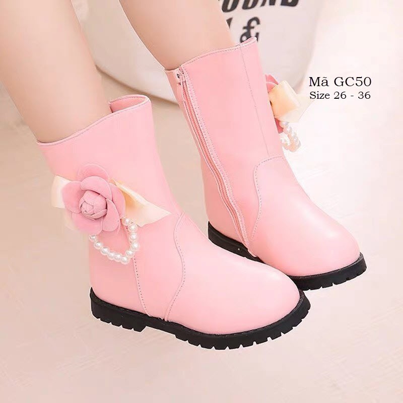 Boot da màu hồng cho bé gái 3 -12 tuổi cao cổ dáng ôm thời trang GC50