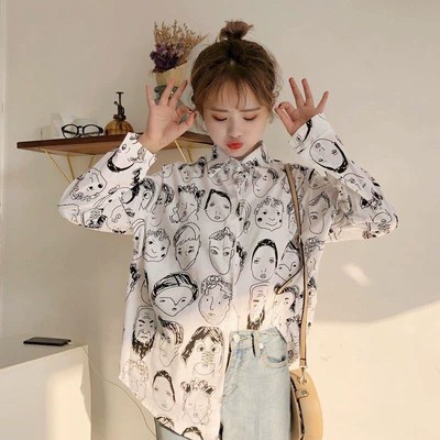 Áo sơ mi tay dài chất Cotton hoạ tiết in thiết kế dáng rộng thoải mái