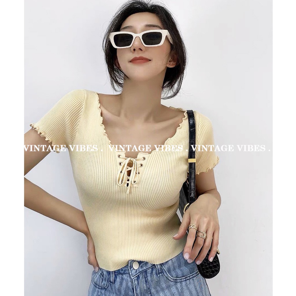 Áo babydoll len đan cổ xỏ dây xinh đẹp (hàng QC) - Ảnh thật cận chất