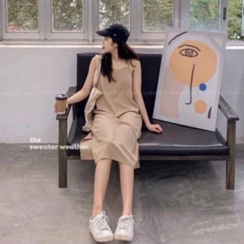 🚛  Váy 2 dây, đầm xuông - váy chất đũi lụa trơn basic nữ