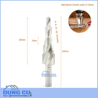 Mũi khoan bậc 5 bước xoắn 4-12mm trắng kim cương chuôi tròn