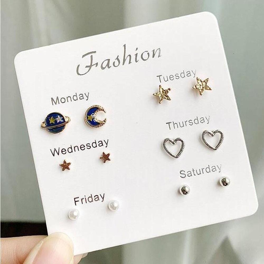 Bộ 6 Đôi Khuyên Tai Hình Trăng Sao / Trái Tim Xinh Xắn Dễ Thương Dành Cho Nữ