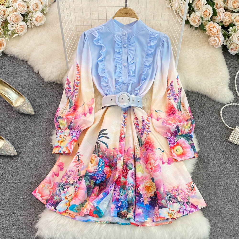Đầm tay dài cổ chân họa tiết hoa màu xanh mix be kèm thắt lưng đủ size