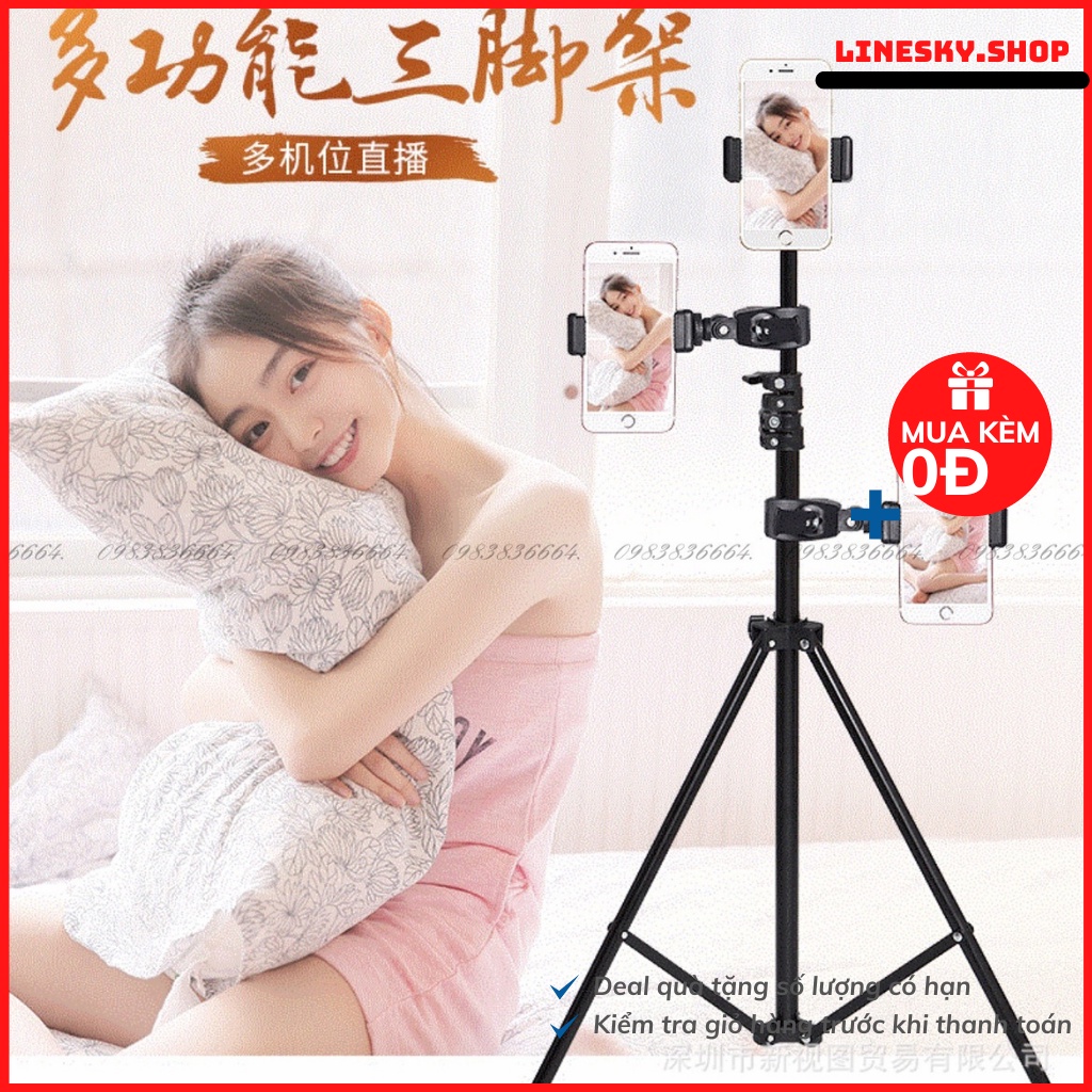 Kẹp điện thoại gắn vào tripod, chân đèn live hỗ trợ livestream, quay phim nhiều máy cùng lúc