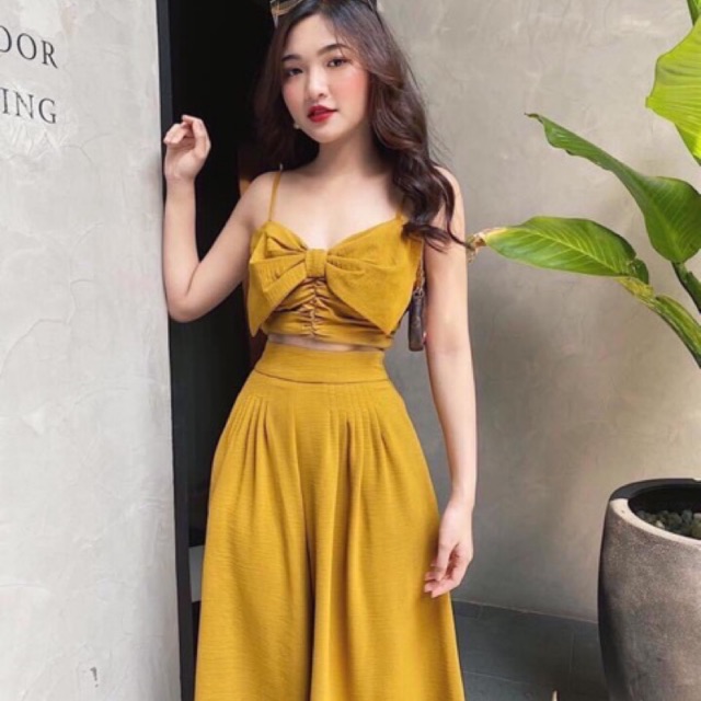 Set áo dây nơ và quần ống to lửng (đỏ,vàng,trắng)