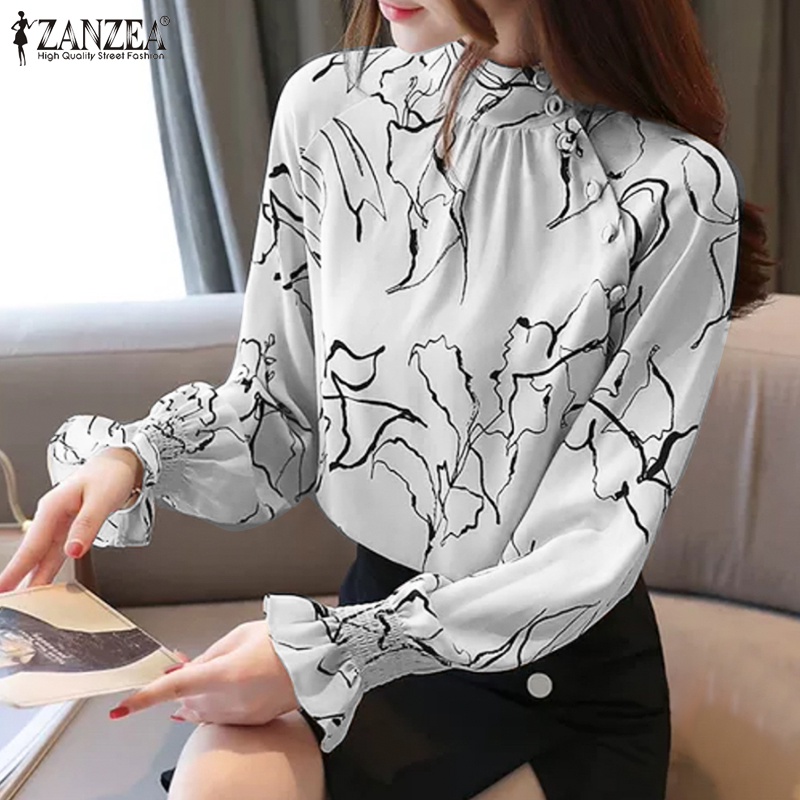 Áo kiểu ZANZEA tay dài phồng in họa tiết phong cách Hàn Quốc dành cho nữ