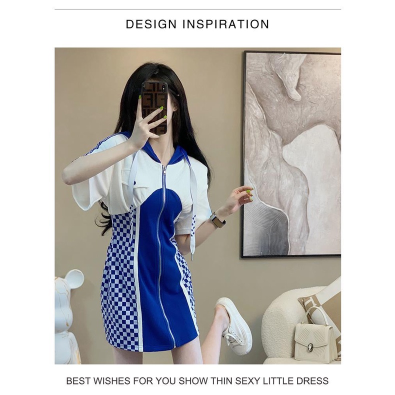 Casual fashion dress 2022 new women's summer casual fashion blue checkerboard dress