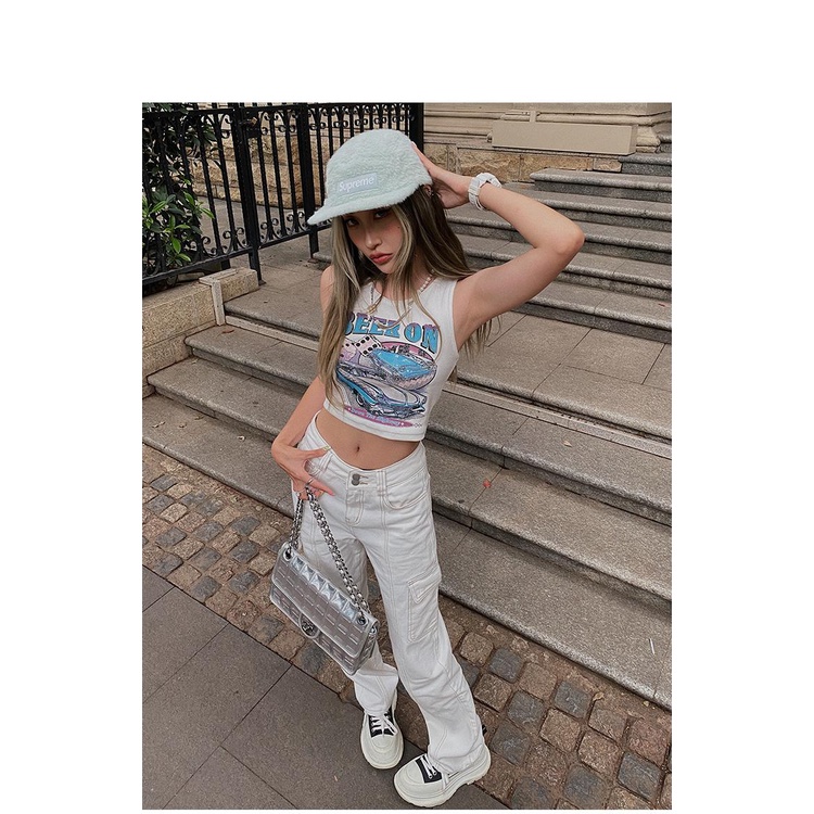 Quần Jeans Dài Lưng Cao Màu Trắng Phong Cách Hip Hop Đường Phố Thời Trang Mùa Xuân Mới Cho Nữ