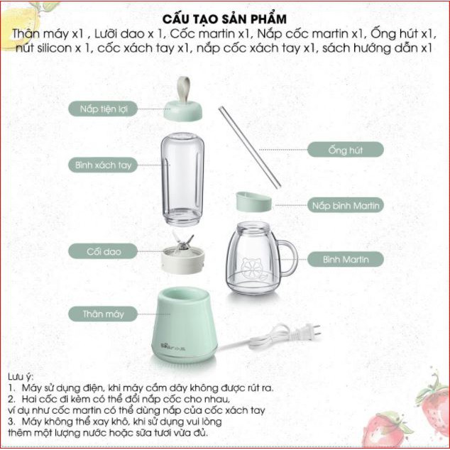 Máy xay sinh tố cầm tay, máy xay sinh tố 2 cốc dung tích 400ml +600ml chính hãng Bear model D04A1.