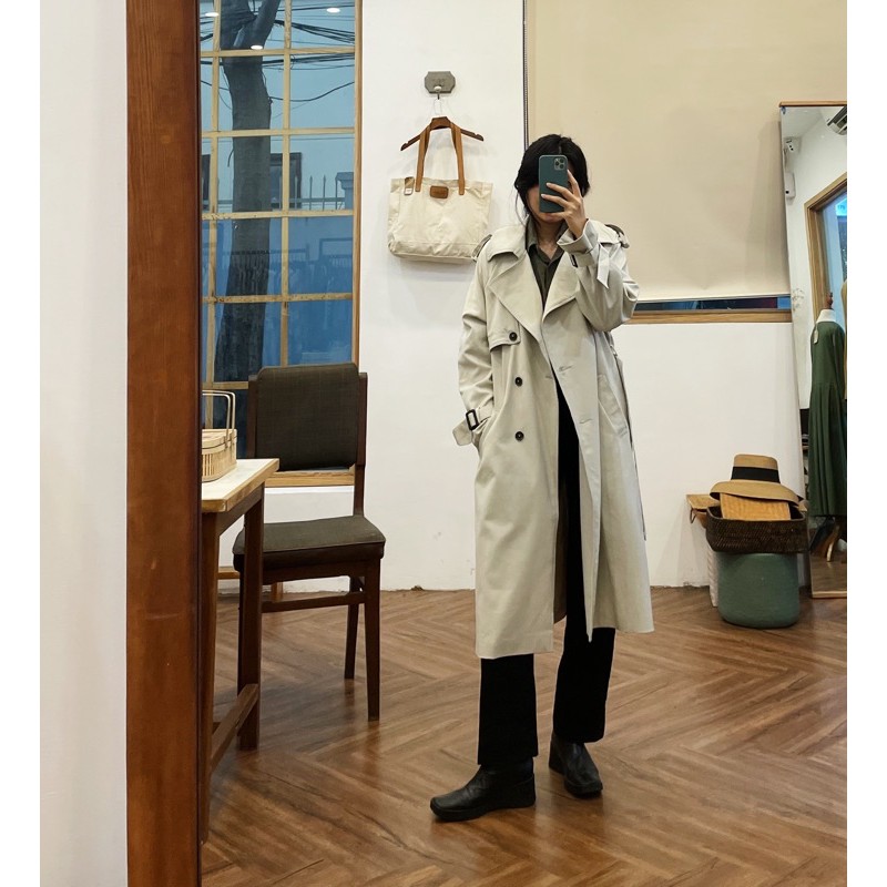 Trench coat Mangto dáng suông màu sữa