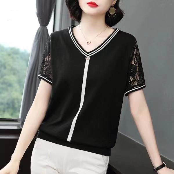 Áo thun tay ngắn phối ren thời trang mùa hè cho phụ nữ trung niên