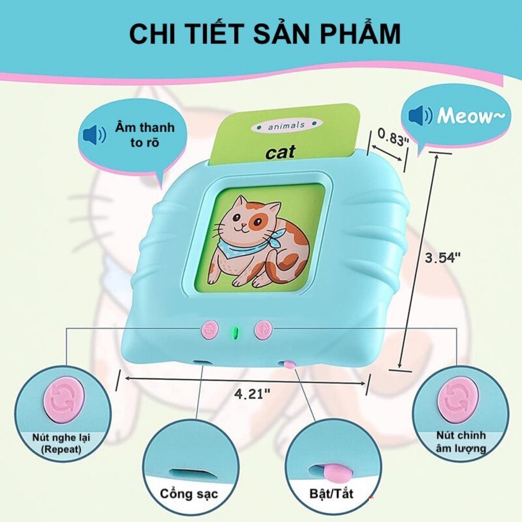 [ BẢN 2021 ] Máy đọc thẻ Tiếng Anh - đồ chơi giáo dục cho bé phát triển ngôn ngữ Flashcard mèo con an toàn cho bé