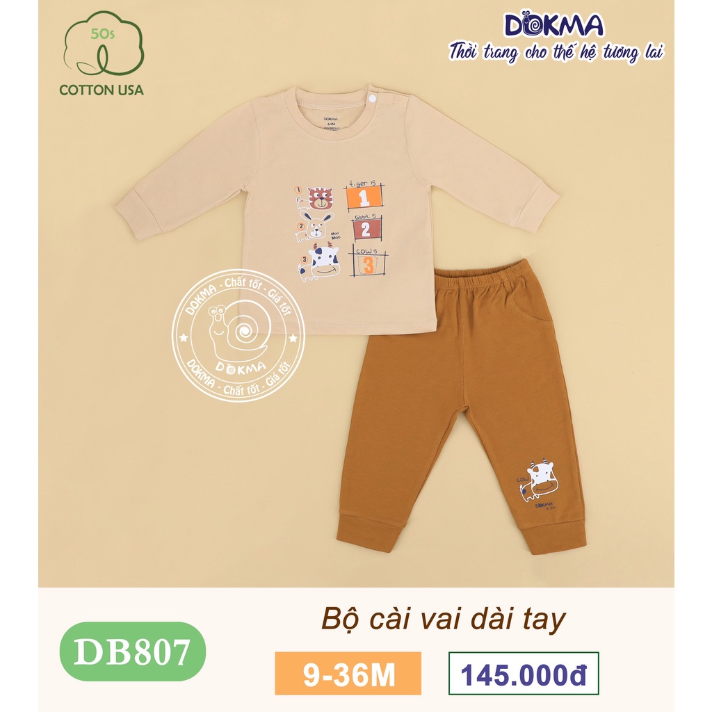 [FREESHIP] Bộ bé trai dài tay 9-36 tháng tuổi cotton cài vai in hoạt hình động vật ngộ nghĩnh hãng Dokma DB807- Voikids