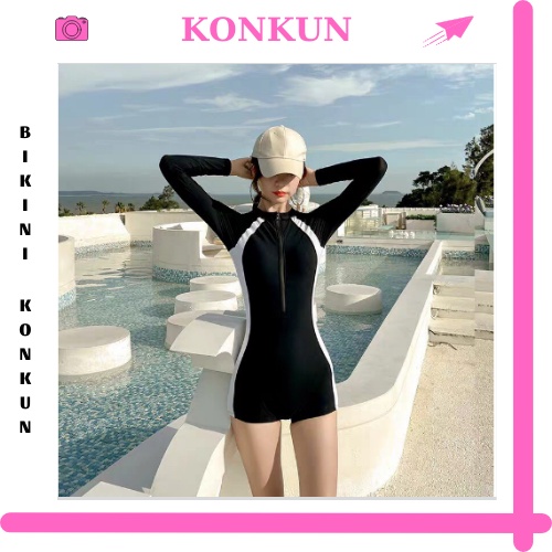 Đồ bơi nữ Bikini 1 mảnh liền thân tay dài FORM SHORT đen pha trắng kín đáo KONKUN MS.18 TAY DÀI