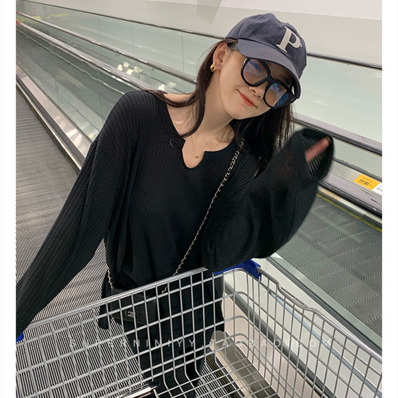 Áo Thun Tay Dài Dáng Rộng Màu Sắc Đơn Giản Cho Nữ