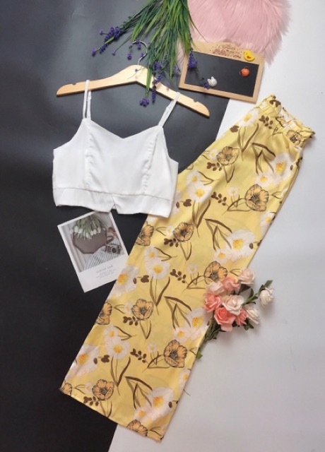 (SALE GIÁ GỐC) BỘ LỤA ÁO CROPTOP QUẦN XẺ XINH