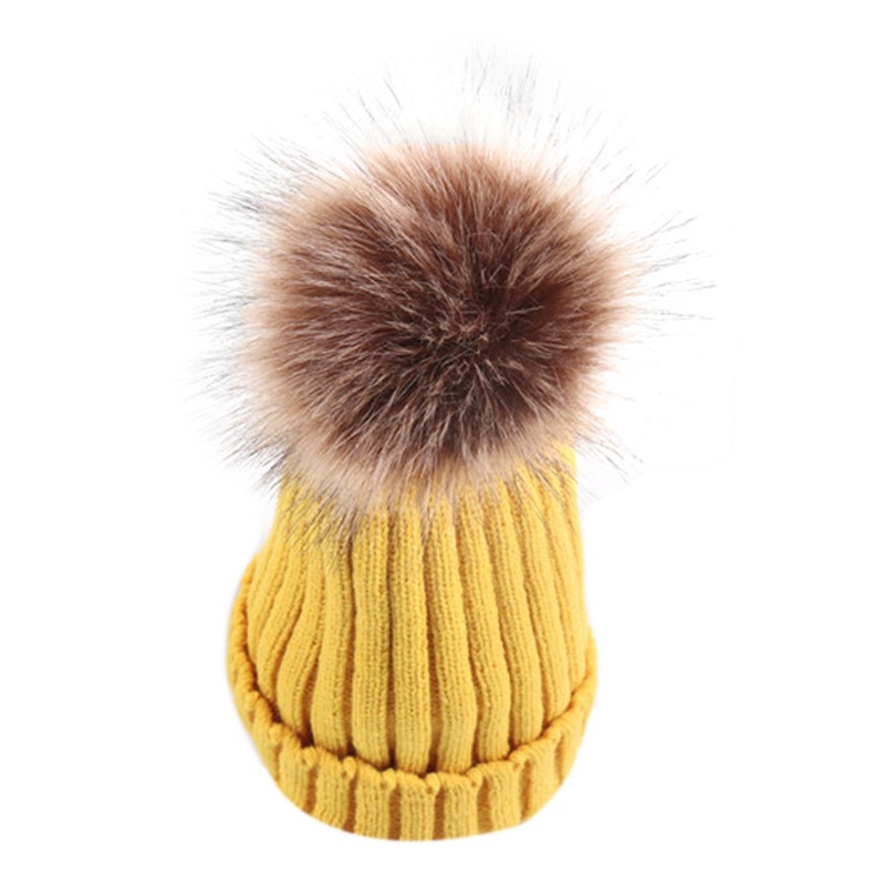 Mũ Beanie Dệt Kim Màu Trơn Gắn Quả Bông Lông Xù Thời Trang Mùa Đông Cho Nữ