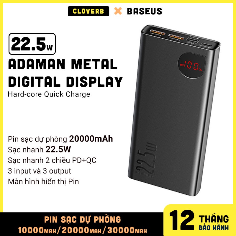 Pin sạc dự phòng 20000mAh Baseus Adaman Metal Digital Display Quick Charge 22.5W Hỗ Trợ PD3.0, QC3.0, SCP, AFC