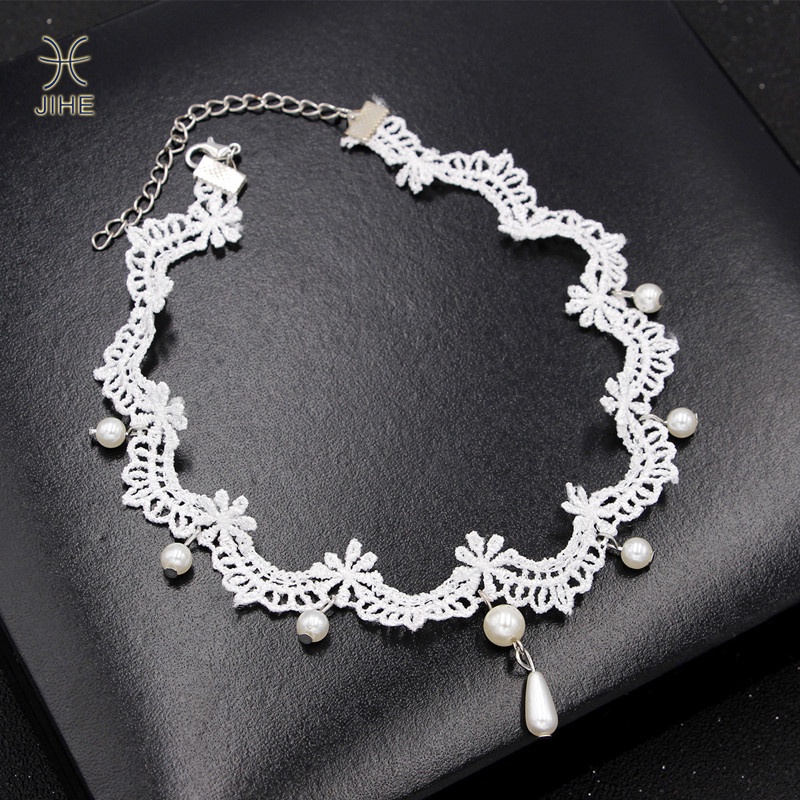 【JIHE】Vòng Cổ choker Phối Ren Và Ngọc Trai Trắng Phong Cách Nhật Hàn Thời Trang