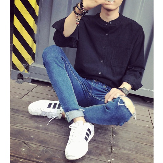 Áo sơ mi cổ tàu, cổ trụ dài tay phong cách Hàn