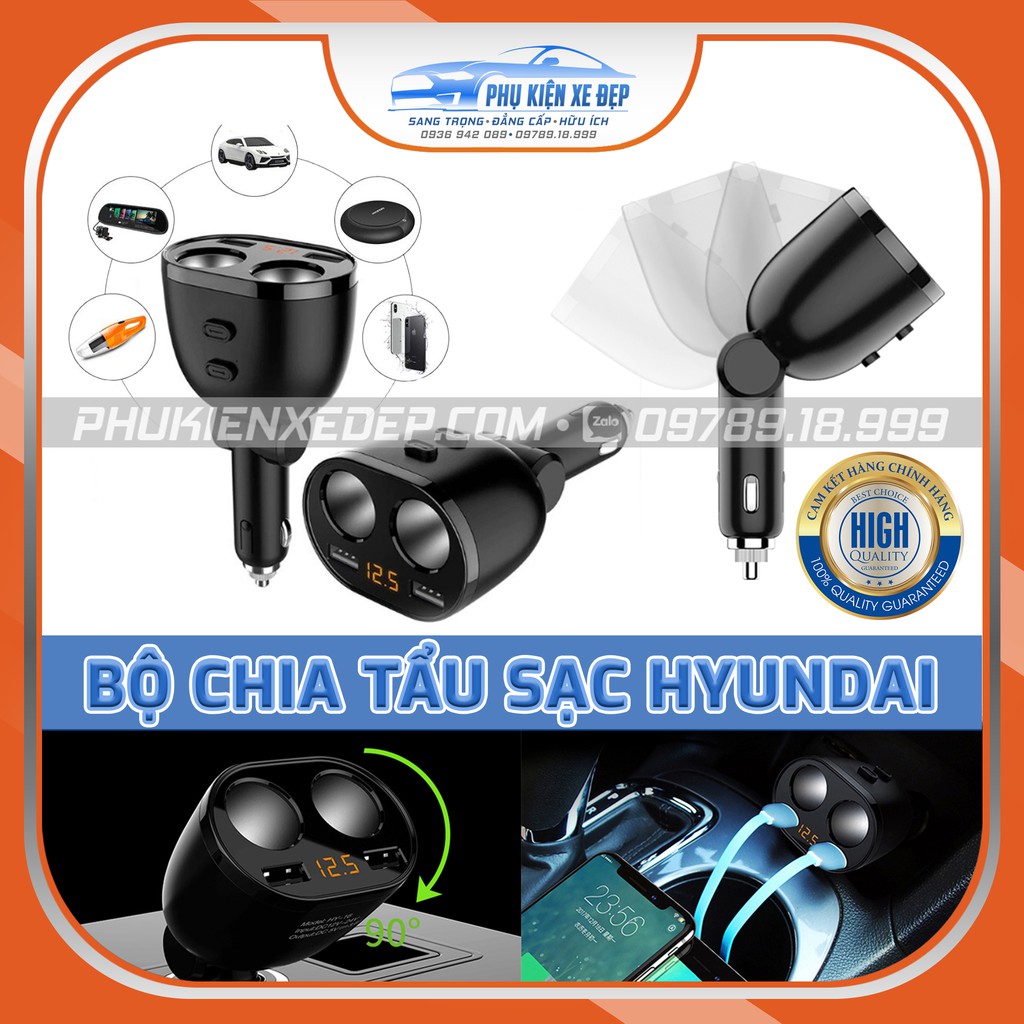 Bộ chia tẩu sạc ⚡FREESHIP⚡ Hyundai 2 cổng tẩu 2 usb cho ô tô, cổ quay 90 độ dễ dàng điều chỉnh góc cắm trên xe