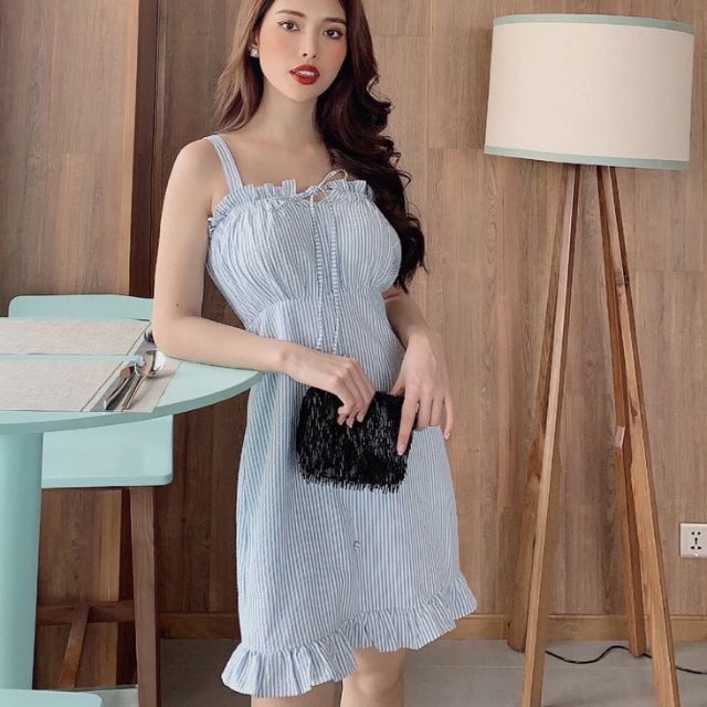 Đầm sọc lai bèo cột nơ kèm ảnh thật