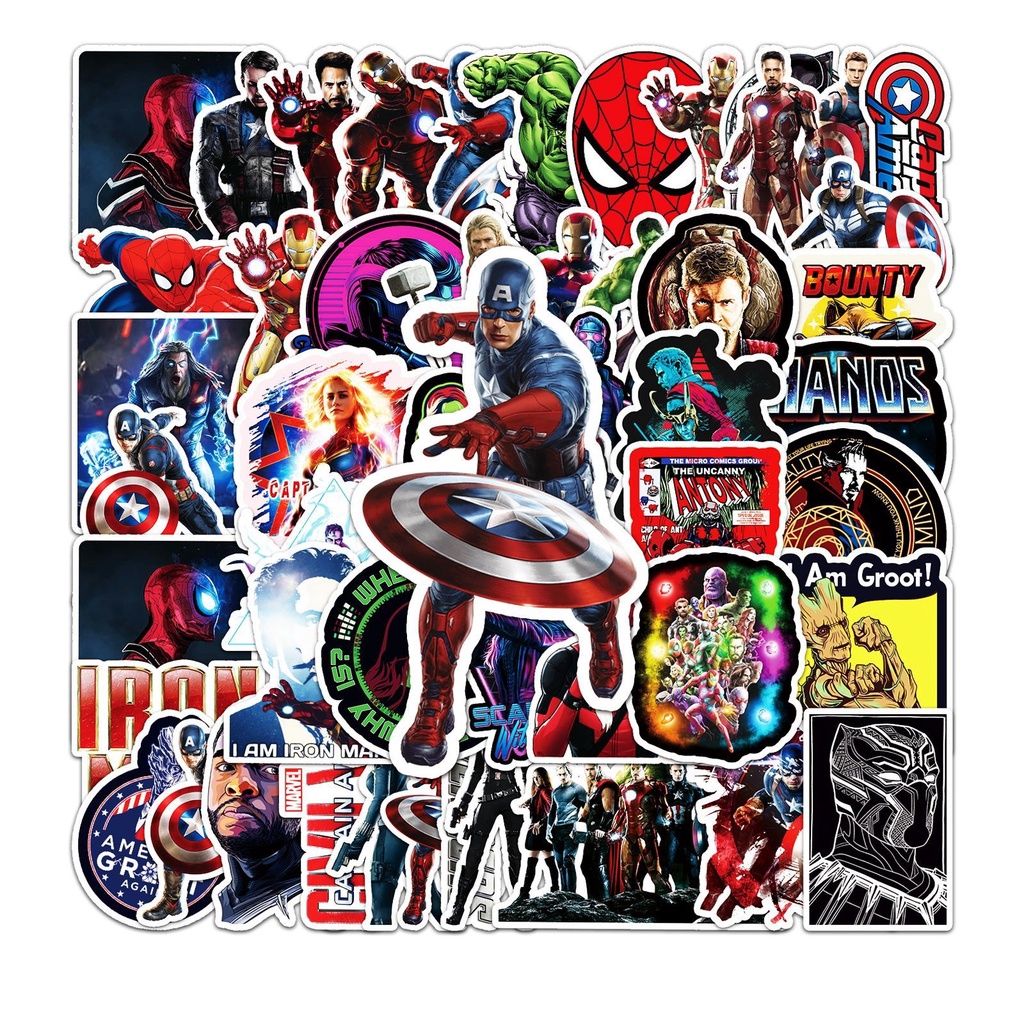 Combo 30 Sticker Chống Nước Decal Dán Điện Thoại Laptop Mũ Bảo Hiểm Vali Đàn Guitar Bình Nước Sổ Tay [Avengers Marvel]