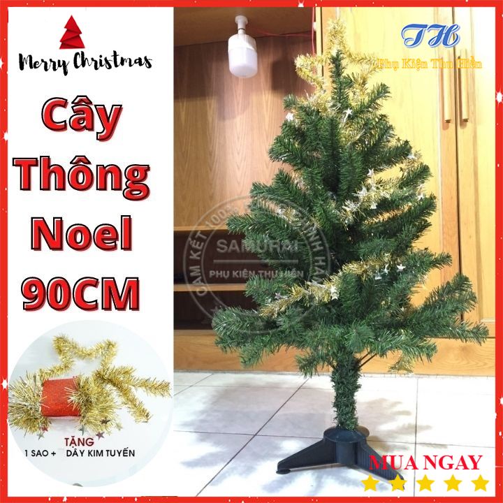 Cây Thông Noel Để Bàn 90cm Kèm Dây Đèn Led, Ngôi Sao Đỉnh Và Dây Kim Tuyến Trang Trí Giáng Sinh
