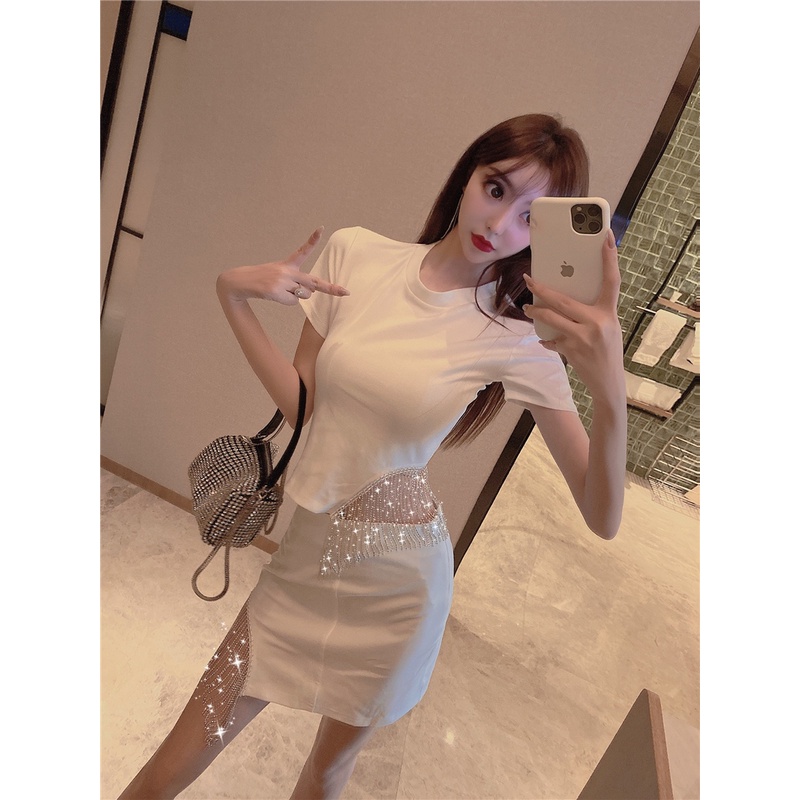 Set Áo Thun Ngắn Tay + Chân Váy Tua Rua Phong Cách Hàn Quốc Dành Cho Nữ