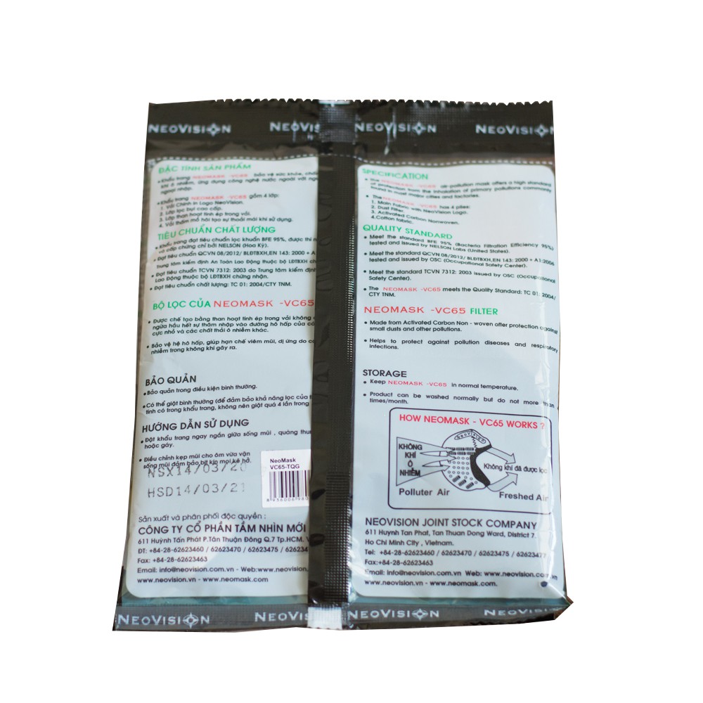 Combo 10 Khẩu trang than hoạt tính NeoVision NeoMask VC65 chuẩn N95 (TQG)-Chống bụi mịn PM2.5, lọc khuẩn BFE 95% | BigBuy360 - bigbuy360.vn