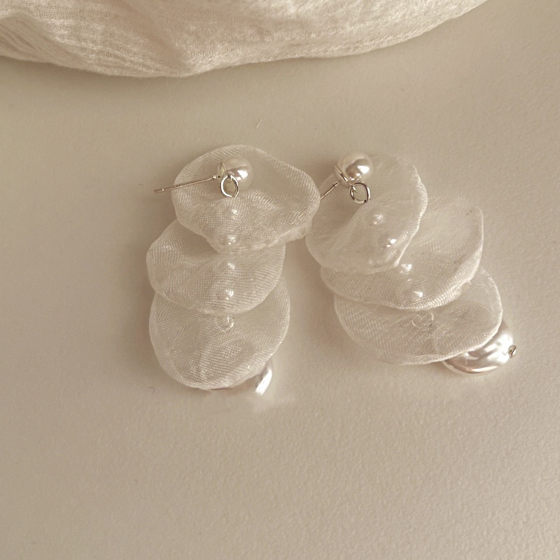 Bông Tai chiffon Đính Ngọc Trai Phong Cách Thần Tiên vintage Pháp