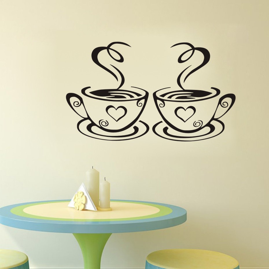 Cặp Sticker Dán Tường Bằng Pvc Màu Đen Chống Thấm Nước Họa Tiết Cốc Cà Phê Lãng Mạn