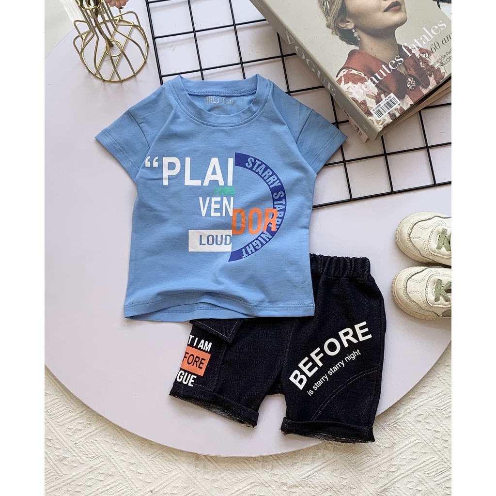 Set Đồ bộ bé trai Áo thun ngắn tay cotton 100% co giản 4 chiều in chữ Dor Quần short thun giả jean cho bé từ 8-36kg
