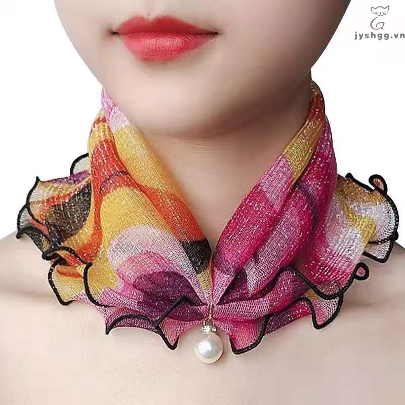 Khăn choàng cổ vải voan phối ren đính ngọc trai nhân tạo thời trang đa năng cho nữ