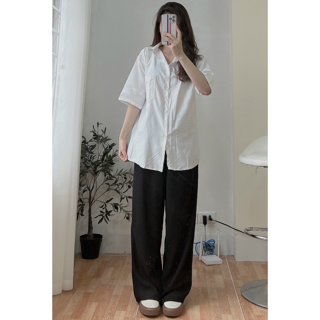 Áo sơ mi trắng form rộng đi học, BASIC UNISEX - áo sơ mi nữ túi ngực hàng siêu dày dặn, đẹp