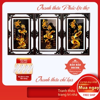 Tranh treo tường phòng khách,  Tranh thêu  PHÚC LỘC THỌ hoa sen thêu sẵn 60x40cm