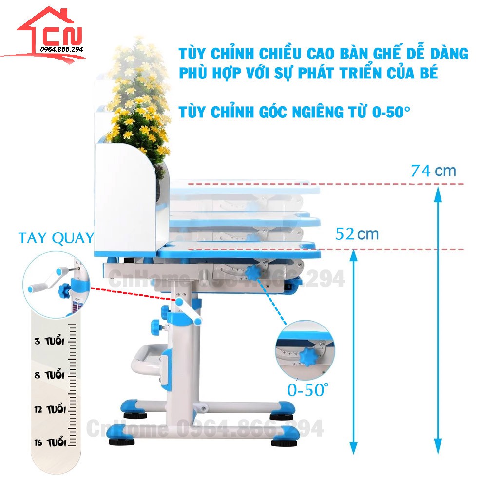 Bàn học chống gù chống cận thông minh cho bé R8 CnHome 🎁TẶNG ĐÈN HỌC, ĐỆM NGỒI VÀ KẸP GIỮ SÁCH🎁 𝑭𝑹𝑬𝑬𝑺𝑯𝑰𝑷