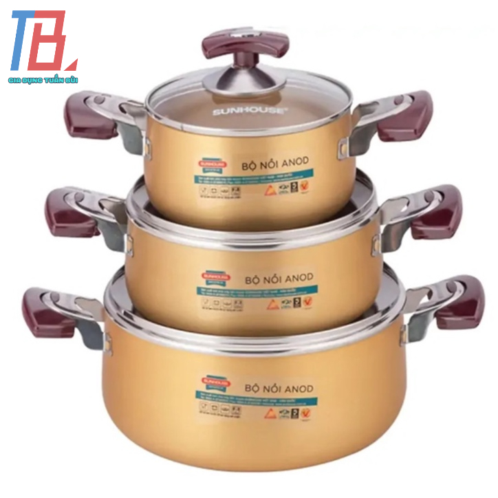 Bộ nồi Sunhouse SH6634 size 16-20-24cm, độ dày thành nồi 1.8-1.8-2.0mm