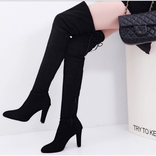 Giày boot đế vuông da lộn trên gối rút dây BDV10 - 350k