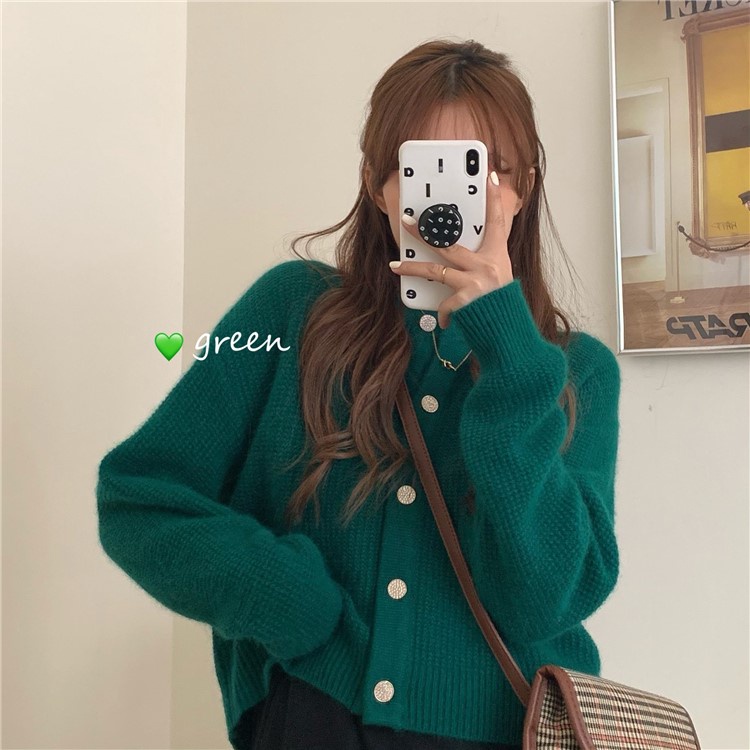 SUXI Áo khoác cardigan dệt kim dáng rộng màu trơn phong cách vintage mới thời trang