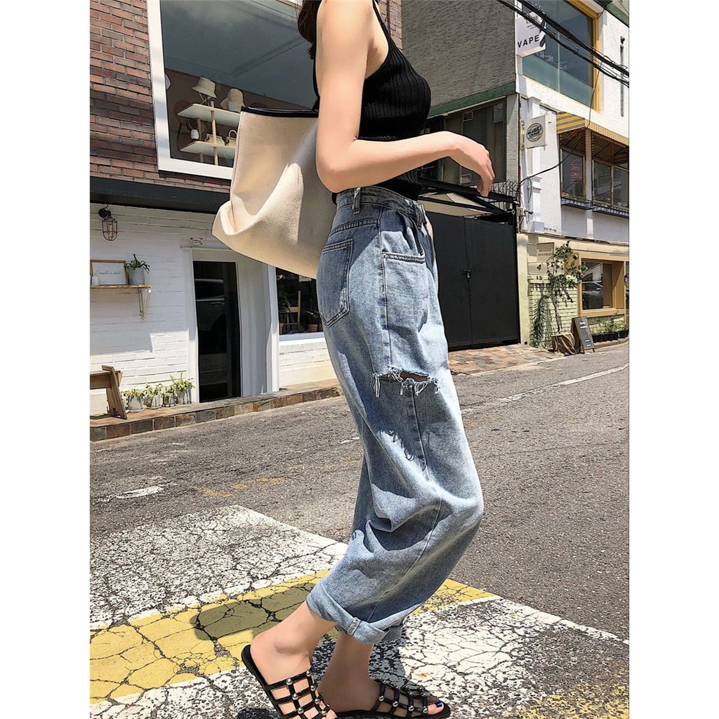 Quần jean nữ denim ống rộng suông lưng cạp cao form rộng chất đẹp Emilyshop ulzzang