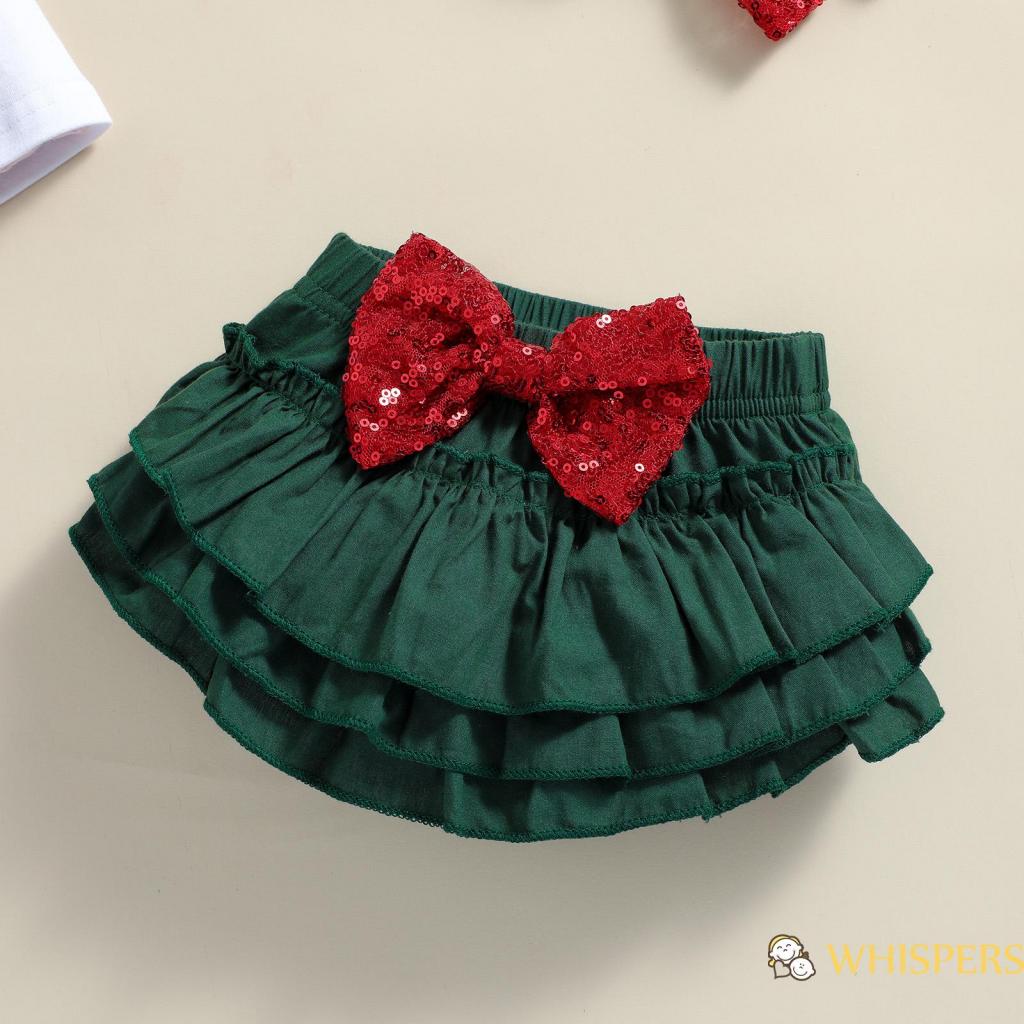 Bộ áo liền quần tay dài cổ tròn in chữ + quần short nhún bèo + băng đô đính kim sa lấp lánh phong cách giáng sinh cho bé sơ sinh