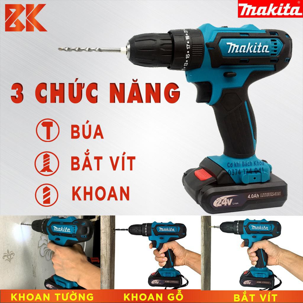 Máy Khoan Pin MAKITA 24V – Tặng phụ kiện 24 chi tiết – Khoan, Bắt vít, Khoan bê tông – Pin 5 CeLL