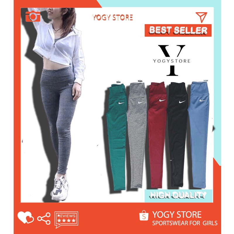 Quần legging dài tập gym yoga basic NK siêu đẹp thể thao chất thun poly co dãn 4 chiều dày dặn, cạp quần cao.