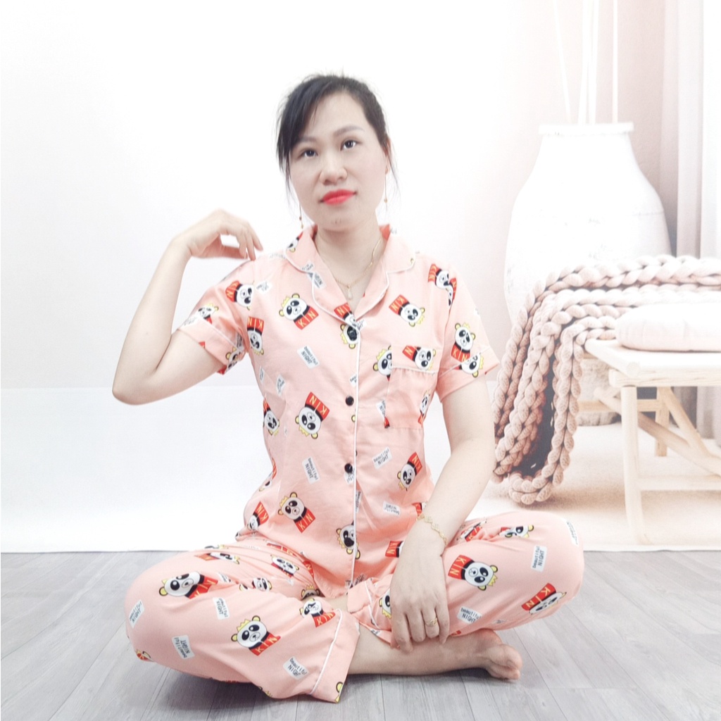 Đồ Ngủ Đồ Bộ Pijama Lụa Tay Ngắn-Quần Dài Chất Liệu Lụa họa tiết thú cưng dễ thương