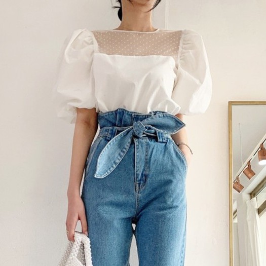 Áo lưới tay ngắn cổ vuông xuyên thấu thời trang mùa hè cá tính210712