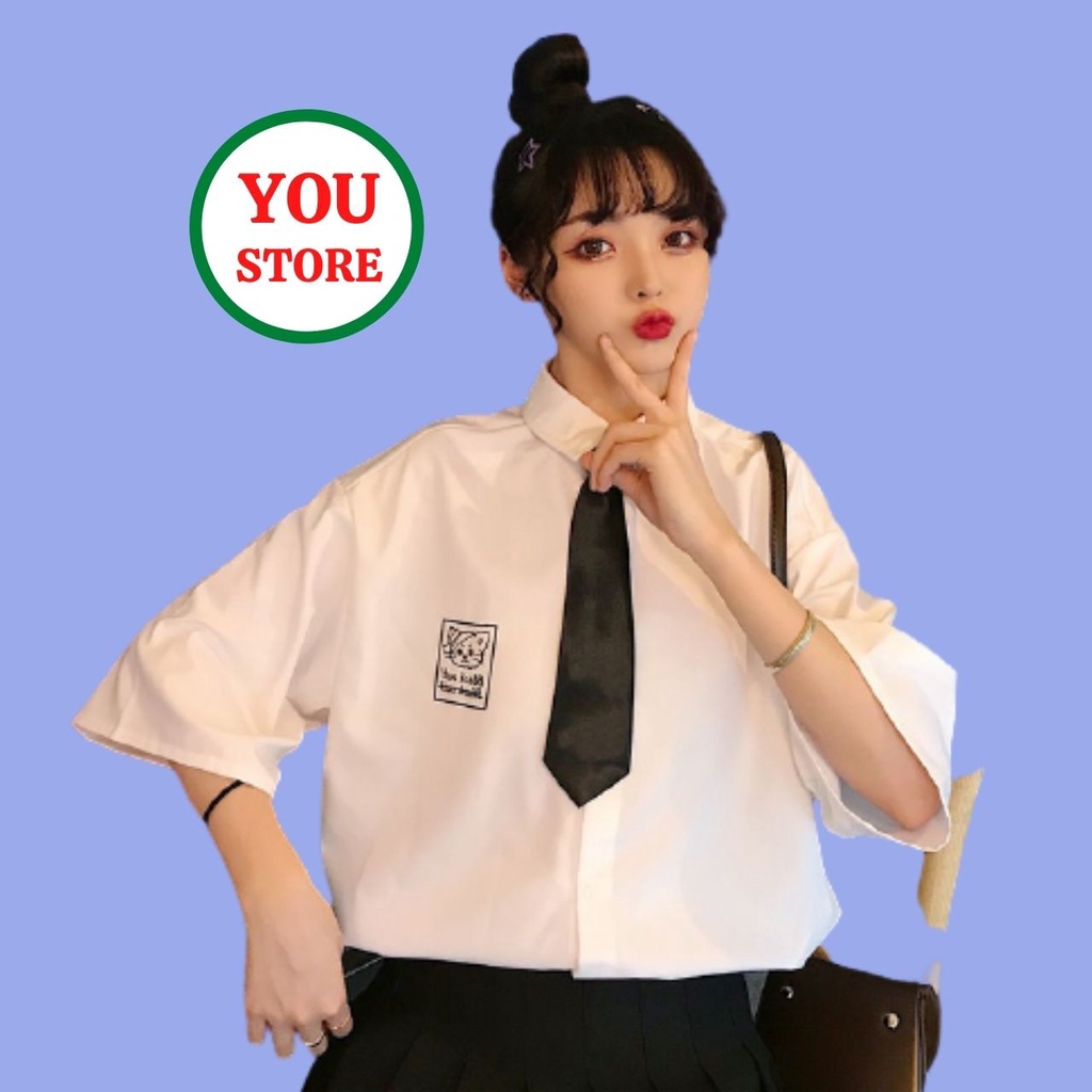 Áo Sơ Mi Nữ In Hình Mèo Kèm Cà Vạt Chất Liệu Đũi Lụa Hàng Mặc Cực Chất Mã 157 You Store