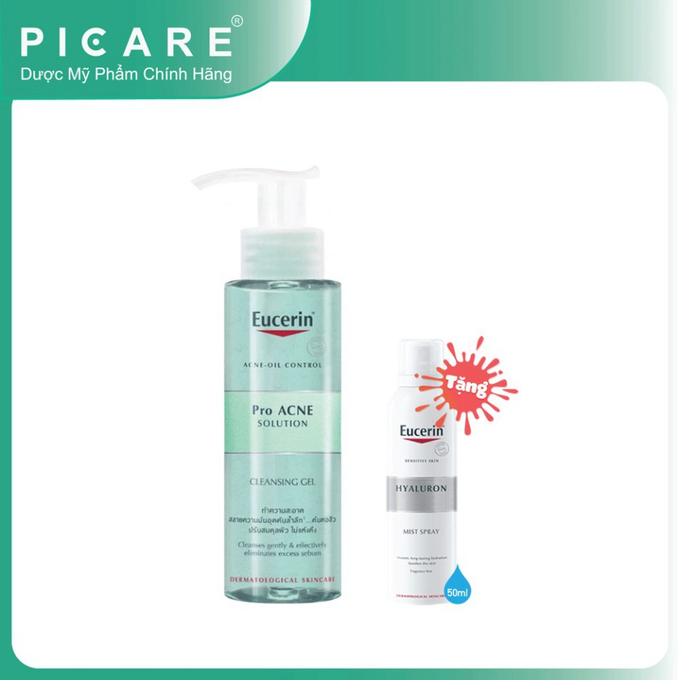 [CHÍNH HÃNG] Combo Eucerin gel rửa mặt dành cho da nhờn mụn ProAcne Cleansing 200ml &amp; xịt khoáng cấp ẩm Hyaluron Mist Sp