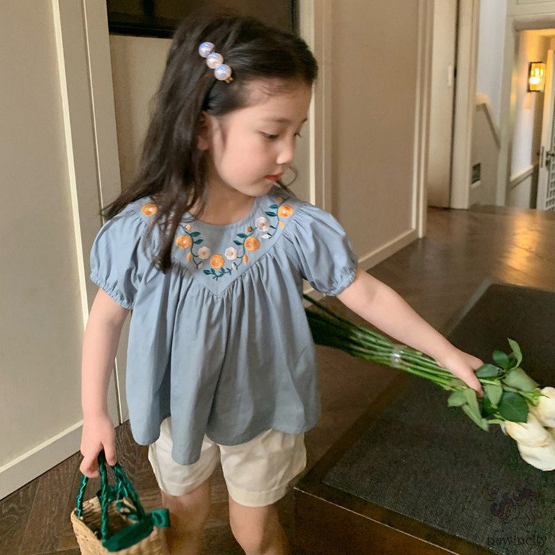 Bộ Áo Tay Phồng Thêu Hoa + Quần Short Thời Trang Mùa Hè Hàn Quốc Cho Bé Gái